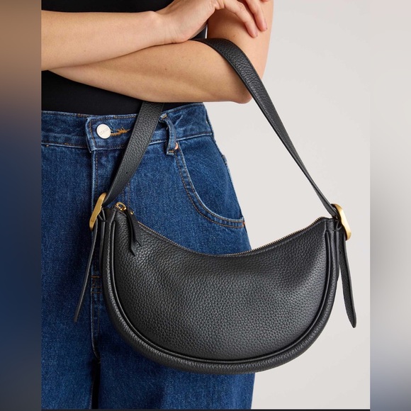 Quince Handbags - Quince Black Italian Pebbled Leather Mini Crescent Shoulder Bag Gold Hardware